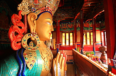 The huge 15 metre high statue of Maitreya (Chamba) Buddha (the Buddha to come), the largest effigy of Buddha in India, Thikse Gompa, near Leh, Indus Valley, Ladakh, India, Asia