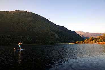 Paddle boarder on Llyn Gwynant, Snowdonia, Wales, United Kingdom, Europe