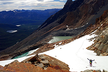 Climber on a glacier, El Chalten massif, Patagonia, Argentina, South America