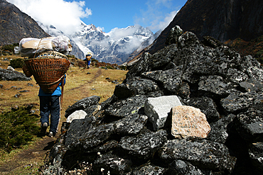 Porters pass a mani-wall, high Khumbu, Himalayas, Nepal, Asia