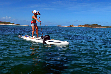 Paddle boarder crossing from Bryher to St. Mary's, Isles of Scilly, England, United Kingdom, Europe