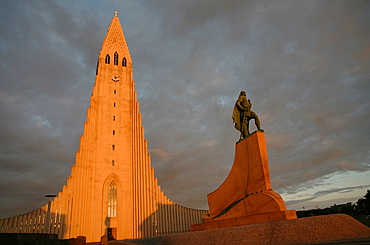 The cathedral of Domkirkjan, lit by the midnight sun, Reykjavik, Iceland, Polar Regions