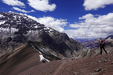 Climber approaching Aconcagua, 6961 metres, the highest mountain in the Americas, Andes, Argentina, South America