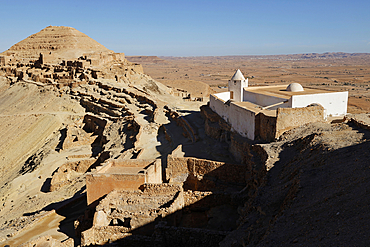 Mosque in the ruins of Berber troglodyte structures, Tataouine region, southern Tunisia