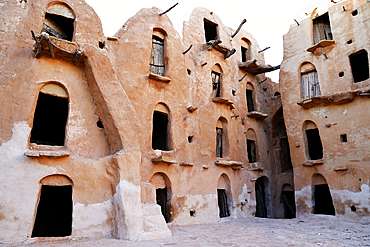 Ksar Ouled Soltane, a fortified granary, Tataouine district, southern Tunisia. The ksar is spread out over two courtyards, each of which has a perimeter of multi-story vaulted granary cellars, or ghorfas.