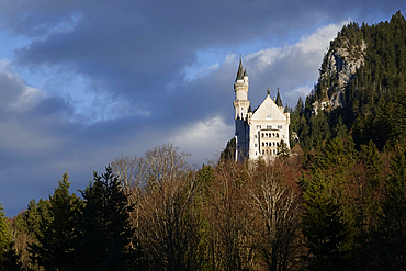 Neuschwanstein Castle, Southern Bavaria. This 19th-century historicist palace is built on a rugged hill of the foothills of the Alps in the very south of Germany and is a UNESCO World Heritage site.