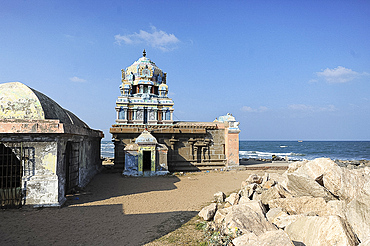 Weatherbeaten Hindu temple to Ganesh on the rocky coast at Tranquebar, Tamil Nadu, India, Asia