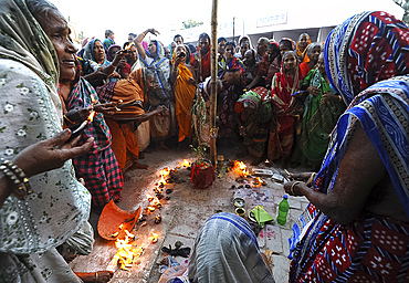 Widows gathered to celebrate Kartika Brata month long festival by fasting together and burning puja lamps, Puri, Odisha, India, Asia