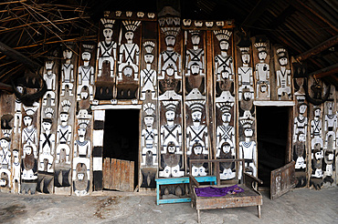 Traditional Naga village house front, decorated with tribal head-hunting icons, Mao Maram, Manipur, India, Asia