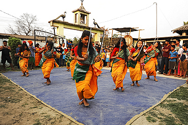 Assamese village women in Assam state dress, performing knife dance in front of villagers, Sualkuchi district, Assam, India, Asia