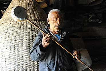 Naga elder playing domestic stringed gourd and bamboo instrument and singing, Phek, Nagaland, India, Asia