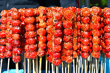 Tanghulu, skewered sugar-glazed berries sold in the outdoor market places or from street carts, Beijing, China, Asia