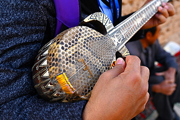 Rawap, the traditional decorated Uyghur lute covered in snakeskin, Gaochang, Xinjiang, China, Asia