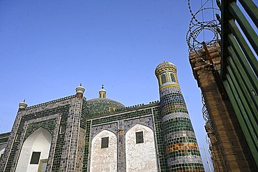 Barbed wire topped fence around Afaq Khoja Mausoleum, Kashgar, Xinjiang Province, China, Asia