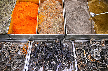 Dried frogs, snakes and spices for sale in Kashgar covered market, Kashgar, Xinjiang, China, Asia