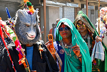 Adivasi tribal men dressed as women and animals to celebrate Holi festival, Kavant, Gujarat, India, Asia