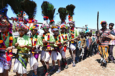 Adivasi tribal men, faces and bodies decorated, wearing ornate headgear, dancing to celebrate Holi festival, Kavant, Gujarat, India, Asia