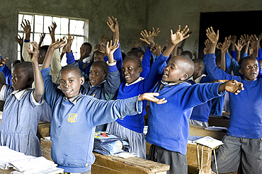 Schoolchildren in classroom, offering traditional Kikuyu welcome by waving hands as if offering flowers, Karunga Primary School, Rift Valley, Kenya, East Africa, Africa