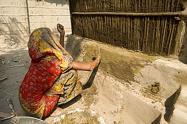 Woman repairing house wall with mud and cow dung mixture, Nalvara village, Assam, India, Asia