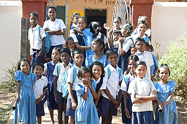 Schoolchildren outside village school, rural Orissa, India, Asia