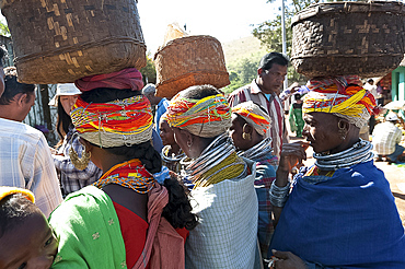 Bonda tribeswomen wearing traditional beaded caps and metal necklaces, with baskets on their heads at weekly market, Rayagader, Orissa, India, Asia