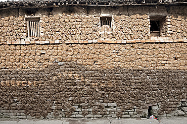 Village house with stone brick walls covered completely with hand shaped dung pats left there to dry in the sun, Sonepur, Bihar, India, Asia