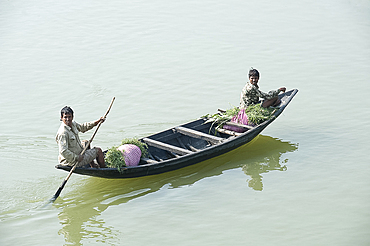 Village men punting a wooden boat along the River Hugli (River Hooghly), carrying bundles of alfalfa to market, near Kolkata, West Bengal, India, Asia