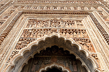 Carved rekha style facade of the 19th century Prataspeswar terracotta temple, built in 1849 in the temple complex, Kalna, West Bengal, India, Asia