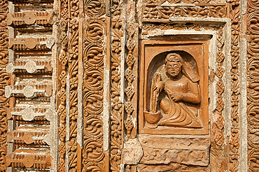 Detail of carved rekha style facade of the 19th century Prataspeswar terracotta temple, built in 1849, Kalna temple complex, West Bengal, India, Asia