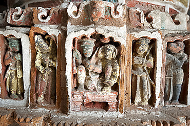 Detail of the carved and painted terracotta work in the Lalji Mandir, one of the terracotta temples at Kalna, West Bengal, India, Asia