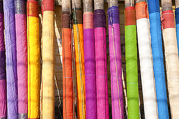 Sari lengths of brightly coloured cotton, hand woven on village looms, Kalna, West Bengal, India, Asia