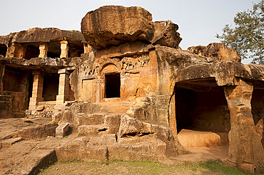 Carving on one of the 18 Udayagiri caves, residences for Jain monks in the time of King Kharavela 2000 years ago, Bhubaneshwar, Orissa, India, Asia