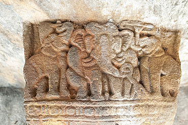 Detail of carving inside one of the 18 Udayagiri caves, used as residences for Jain monks 2000 years ago, Bhubaneshwar, Orissa, India, Asia