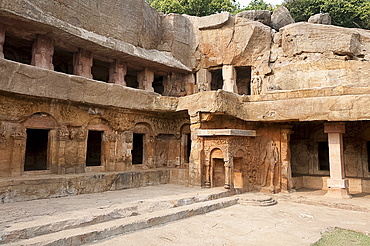 Ranigumpha, cave number 1 of Udayagiri caves, ornately carved, once used as meeting place for Jain monks, Bhubaneshwar, Orissa, India, Asia