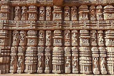 Ornate erotic carvings on 13th century Konarak Sun temple,  UNESCO World Heritage Site, Konarak, Orissa, India, Asia