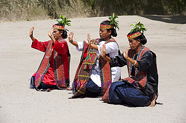 A traditional Batak Gondang Siboru dance by women hoping to attract a man's proposal, Huta Bolon, Samosir Island, Sumatra, Indonesia, Southeast Asia, Asia