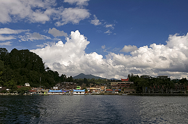 View of Parapat town across Lake Toba, Sumatra, Indonesia, Southeast Asia, Asia