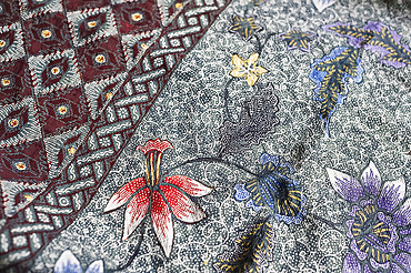 Intricate batik wax resist floral pattern on traditional Javanese sarong, Pekalongan, Java, Indonesia, Southeast Asia, Asia