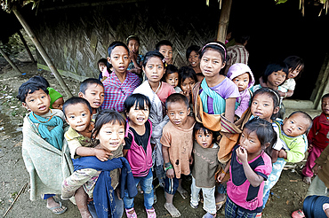 Naga children of the Konyak tribe, Longhwa village, Nagaland, India, Asia