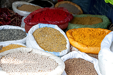 Pulses and spices in sacks for sale in Tizit village weekly local market, Nagaland, India, Asia