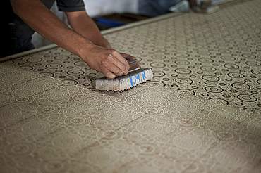 Hand block printing, second process, visually registered, using natural dyes on cotton, Bhuj district, Gujarat, India, Asia