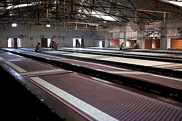 Screenprinting factory, men printing sari lengths of cotton by hand, Bhuj district, Gujarat, India, Asia