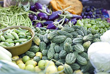 Bitter gourds and mixed vegetables on roadside stall, Gondal, Gujarat, India, Asia