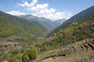 View through farmland clinging to the Himalayan foothills towards China from Wangdue Phodrang district, Western Bhutan, Himalayas, Asia