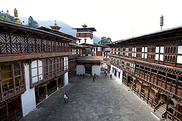 Inner courtyard in Trongsa Dzong, Bhutan's largest monastery fortress, established in 1543 overlooking the Mangde river gorge, Bhutan, Asia