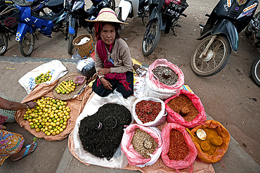 Woman in straw hat selling lemons, tea and spices on a blanket outside Kalaw market, Shan state, Myanmar (Burma), Asia