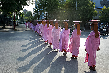 Long line of Buddhist nuns dressed in pink robes, heads covered, alms bowls on their heads, crossing main road in Mandalay, Myanmar (Burma), Asia