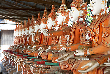 Line of seated Buddhas at the Maha Bodhi Ta Htaung monastery, Monywa township, Sagaing Division, Myanmar (Burma), Asia