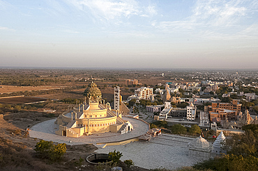 Jain temple, newly constructed, at the foot of Shatrunjaya Hill, in the early morning sunshine, Palitana, Gujarat, India, Asia