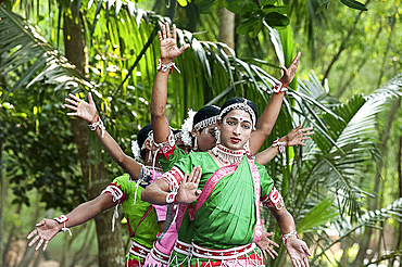 Young boys performing Gotipua dance, the traditional folk dance of Odisha inspired by Hindu gods, Lords Jagannath and Krishna, Odisha, India, Asia